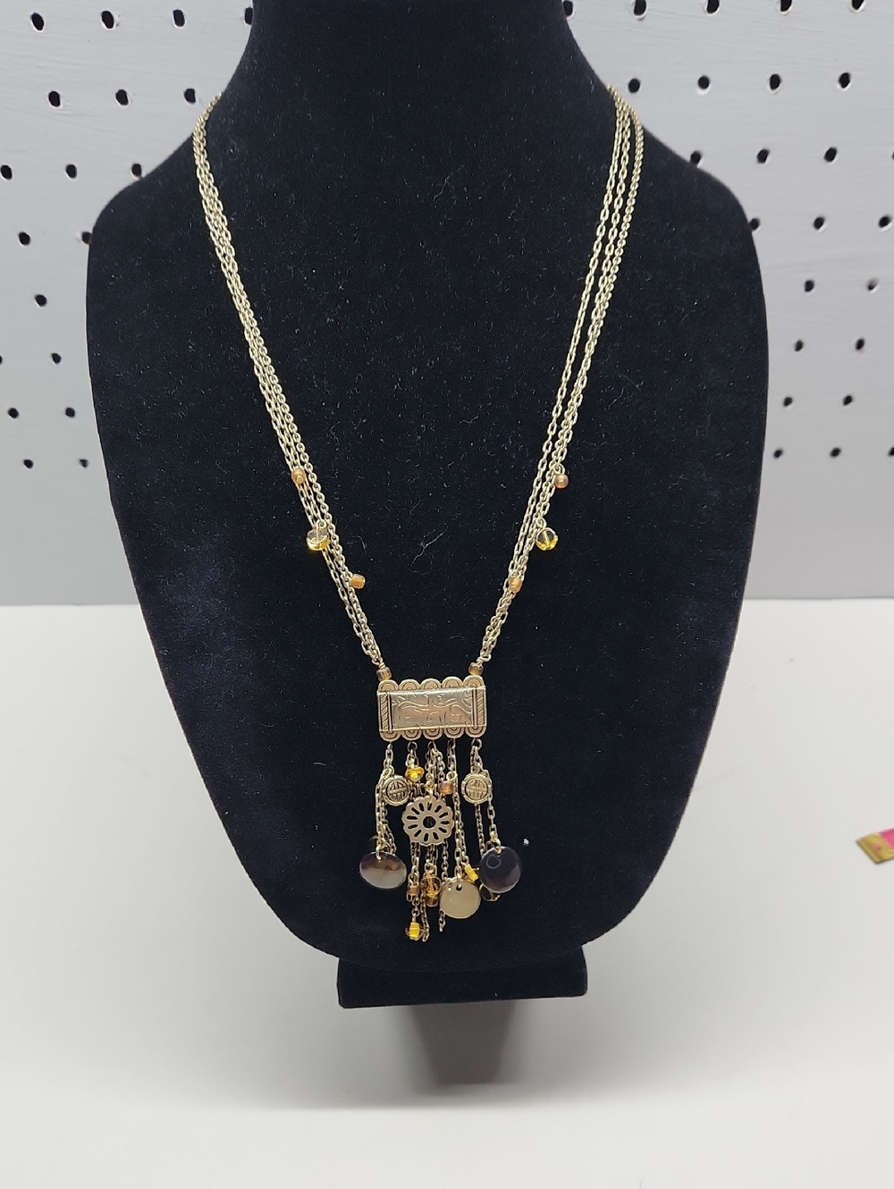 Coldwater Creek Gold-Tone Multi Strand Pendant Necklace with Amber Accents